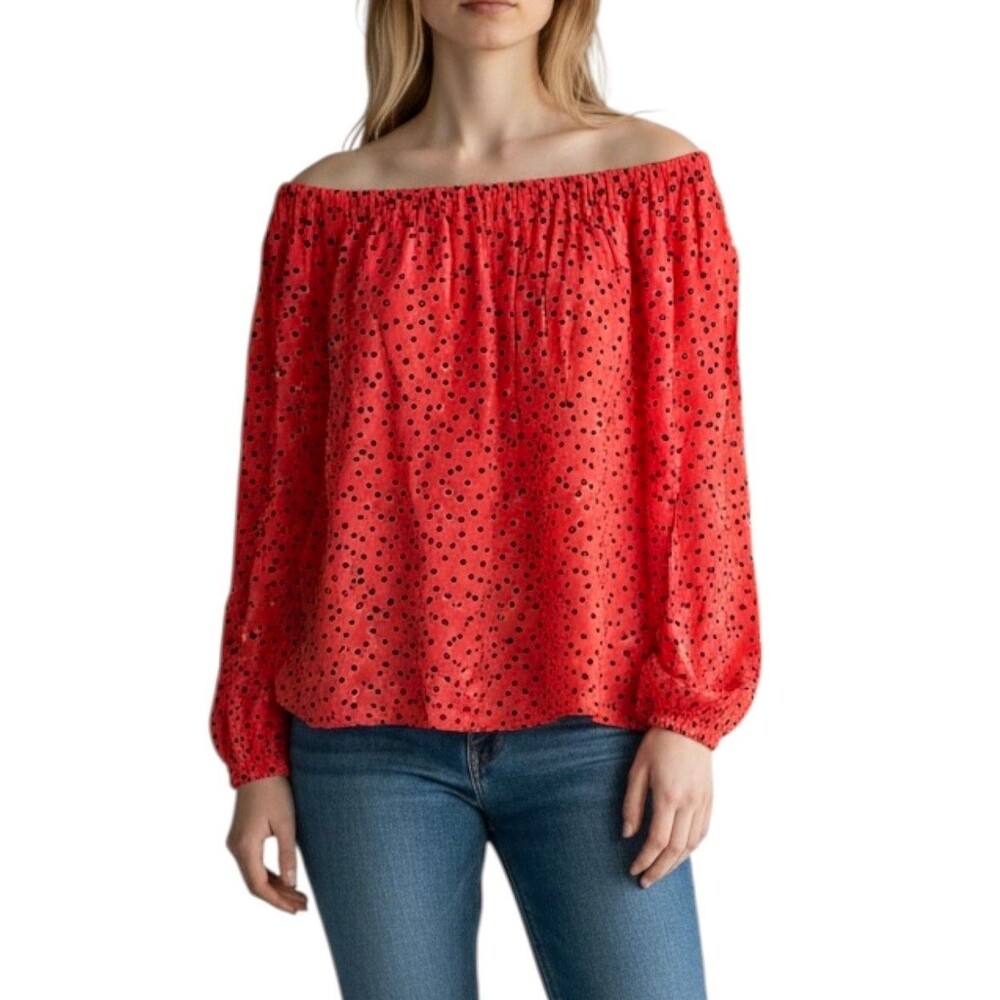Gap Women’s Off the Shoulder Blouse Top Long Sleeve Size M Coral Black Polka Dot